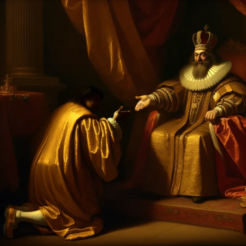 Bescheiden persoon ontvangt een voorrecht van een koning in een dramatisch schilderij in Rembrandt-stijl met gouden licht en diepe schaduwen