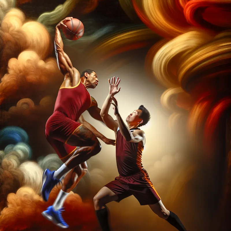 Twee basketballers in een dynamische barokstijl, waarbij de langere speler een duidelijke voorsprong heeft op zijn tegenstander