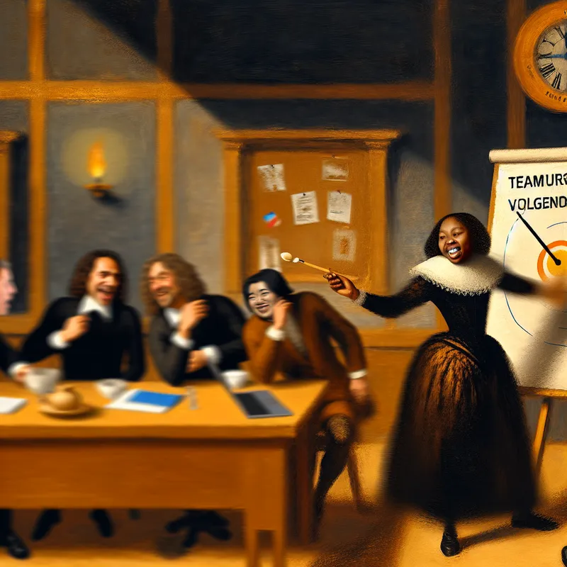 Een levendige vergaderingsscène in de stijl van Frans Hals, waarbij een persoon een voorstel doet voor een teamuitje volgende week, omringd door aandachtige collega's