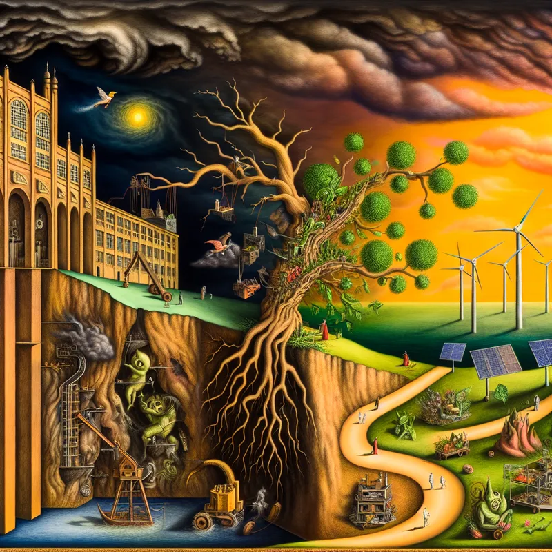 Surrealistisch landschap in de stijl van Jheronimus Bosch dat het voortbestaan van bedrijven en duurzame energie symboliseert, met een boom die transformeert in windturbines en zonnepanelen