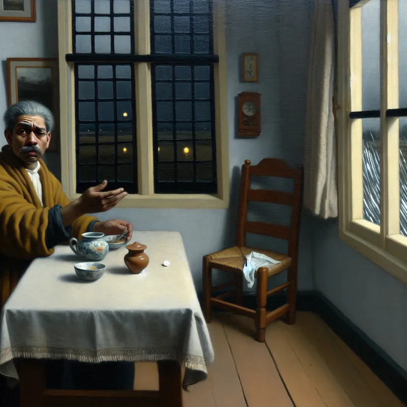 Man aan tafel met vermoeide uitdrukking kijkt gefrustreerd naar regenachtig raam, symboliserend voortdurend klagen in huiselijke setting in Vermeer-stijl