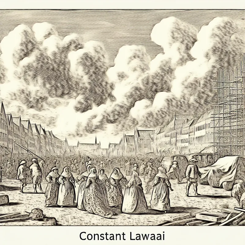 Druk straatbeeld met voortdurende activiteit onder dramatische lucht, geïnspireerd op Jacob van Ruisdael, ter illustratie van 'voortdurend lawaai'