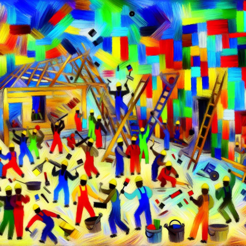 Abstracte voorstelling van een bouwplaats met arbeiders die vooruitgang boeken bij het bouwen van een huis, in expressieve kleuren en dikke penseelstreken