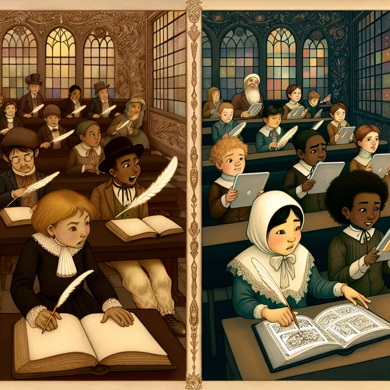 Illustratie van een nostalgische vergelijking tussen een oude en moderne klas, waarbij een meisje met een digitale opdracht vooruitgang toont in de stijl van Anton Pieck