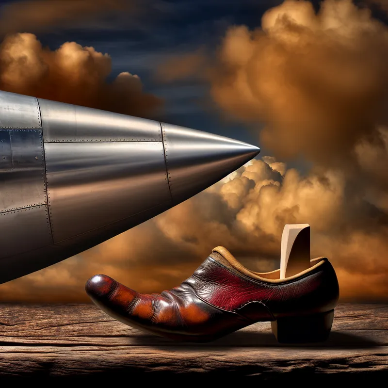 Vooruitstekende neuzen van een leren schoen en een vliegtuig tegen een dramatische lucht in de stijl van Jacob van Ruisdael