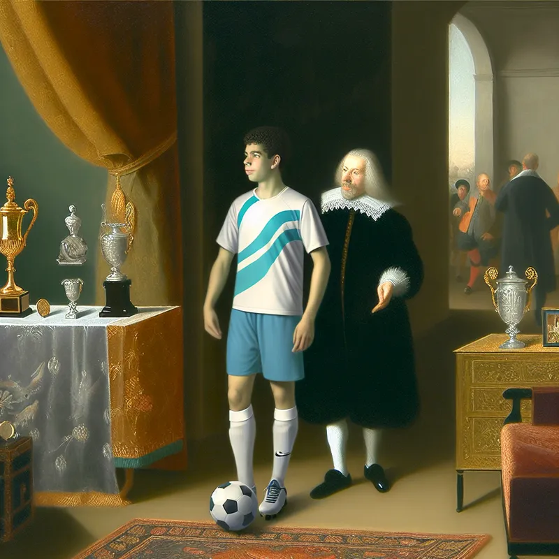 Jonge voetballer in moderne sportkleding staat zelfverzekerd in een elegante kamer met symbolen van toekomstig succes, zoals een trofee en een mentor die hem aanmoedigt
