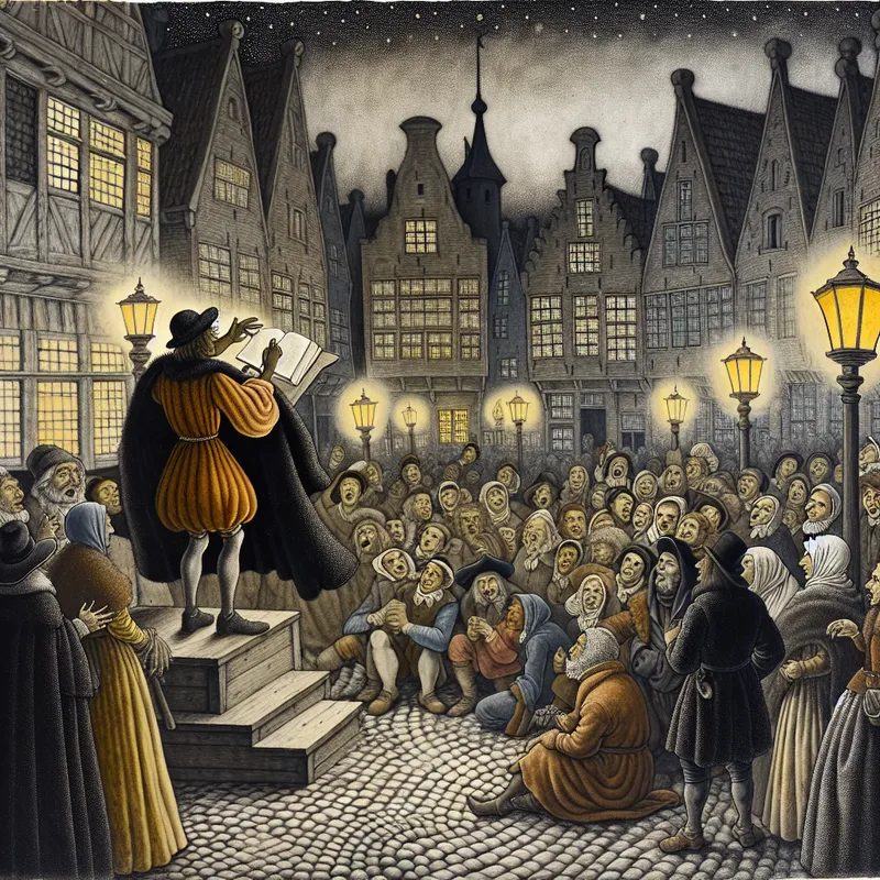Middeleeuwse stadsplein bij schemering waar een voorvechter van vrijheid van meningsuiting een menigte toespreekt met een banier met symbolen van vrije meningsuiting