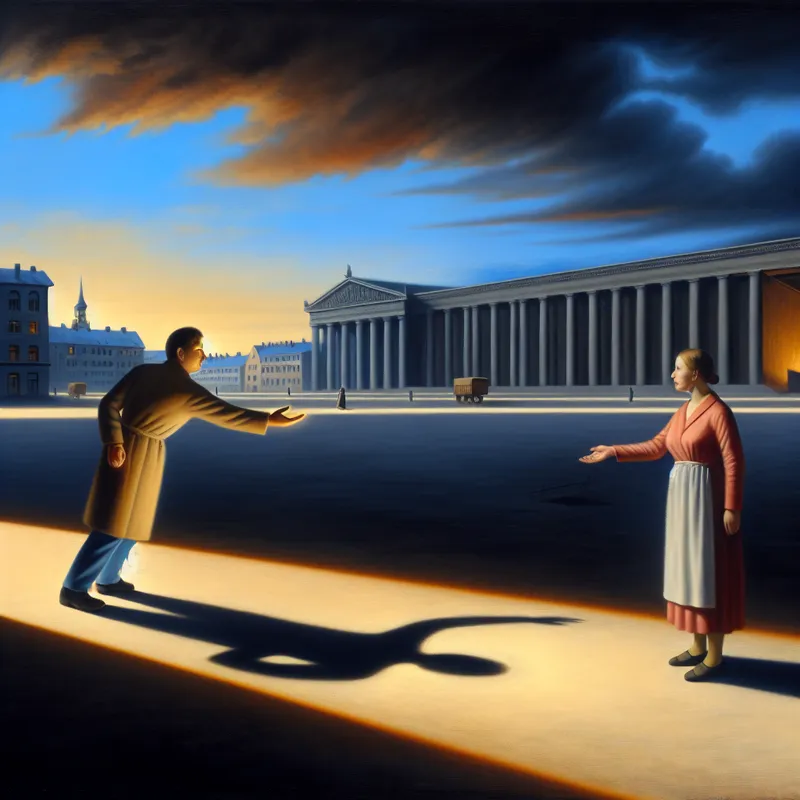 Surrealistische stadsplein-scène met twee personen waarbij de ene hulp aanbiedt binnen onzichtbare grenzen, symboliserend voorwaarden en beperkingen