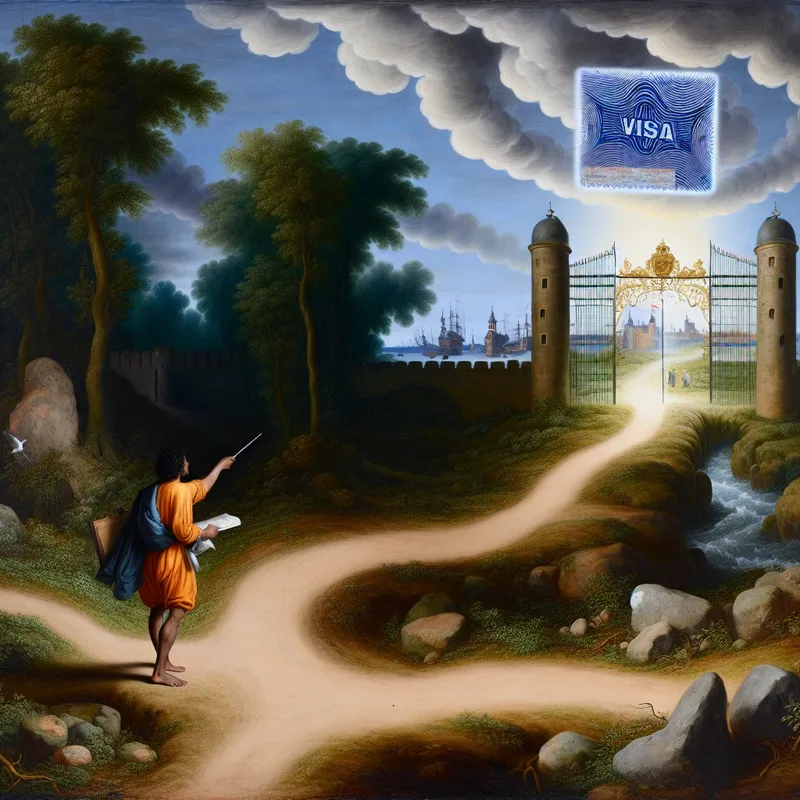 17e-eeuws Nederlands landschap met een reiziger bij een splitsing, symboliserend de voorwaarde voor een visum met een gloeiend visumstempel boven een stadspoort