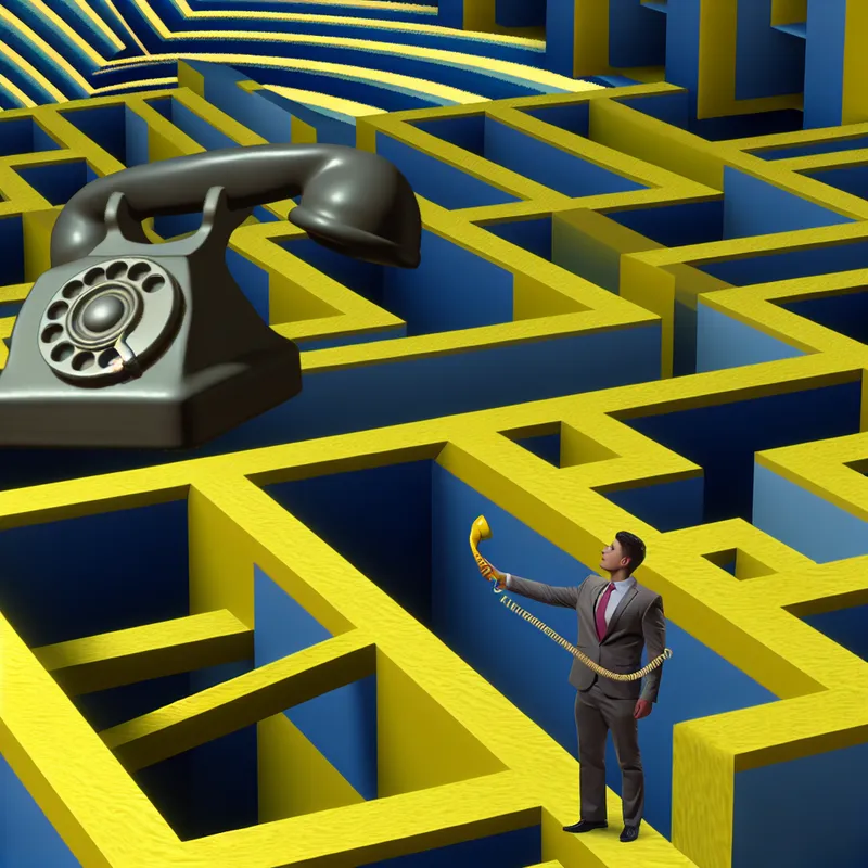 Surrealistische scène met een individu in een M.C. Escher-achtige mathematische doolhof met een telefoon.