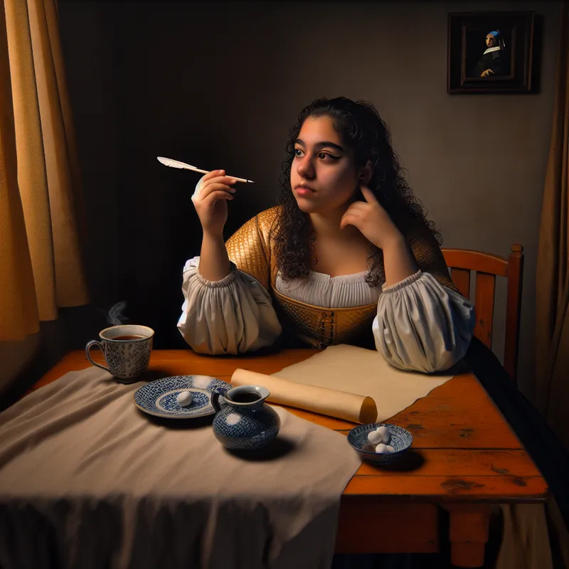 Jonge vrouw in gedachten verzonken aan tafel met koffie en schrijfgerei, symboliseert voorzetselvervanging in het Nederlands