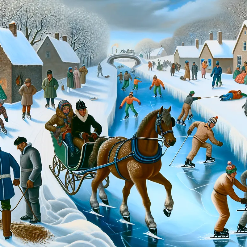Winterse dorpsscène met voorzichtige handelingen: paardenslee, fabrieksarbeiders met beschermende kleding en schaatsers op bevroren grachten, in de stijl van Hendrick Avercamp