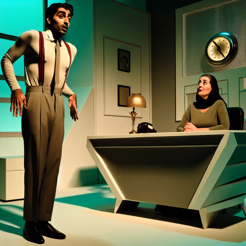 Illustratie van een man die aarzelend voor zijn baas staat in een retro-futuristisch kantoor, bang om een fout te maken