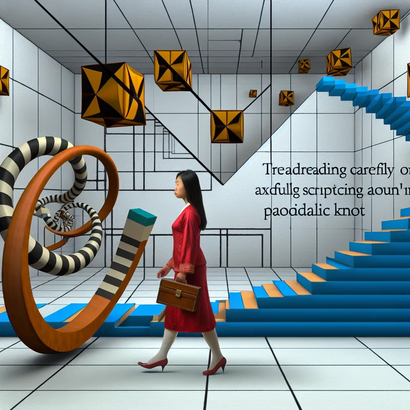 Persoon cirkelt langzaam rond geabstraheerde geometrische vormen in Escher-achtige doolhof