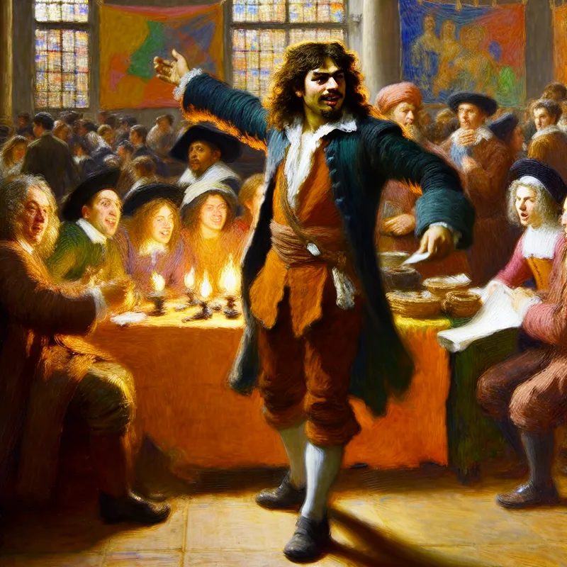 Charismatische voorzitter van een studentenvereniging organiseert levendig een evenement met enthousiaste studenten in een dynamische setting