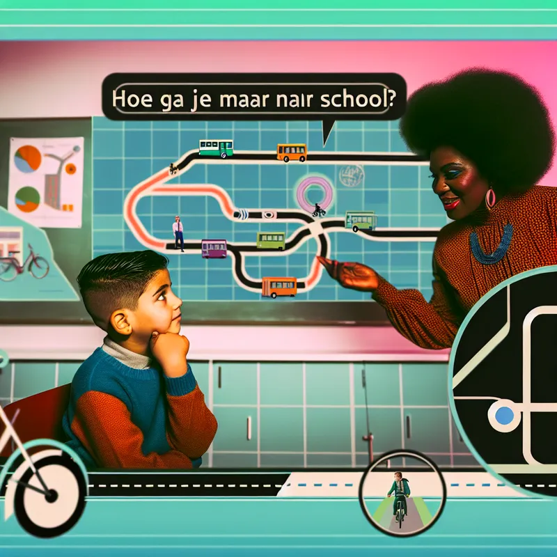 Een moderne retro-futuristische klas met een nieuwsgierige leerling die een vraag stelt aan een leraar over hoe naar school te gaan.