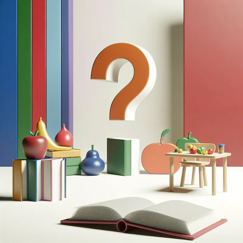 Een grote cartoonachtige vraagteken naast een stapel kleurrijke boeken en een tafel met voedsel in een speelse en minimalistische stijl.