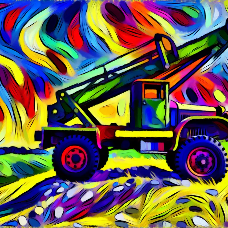 Vibrant abstractie van een vrachtwagen met een versterkt landingsgestel op een kleurrijk, oneffen landschap