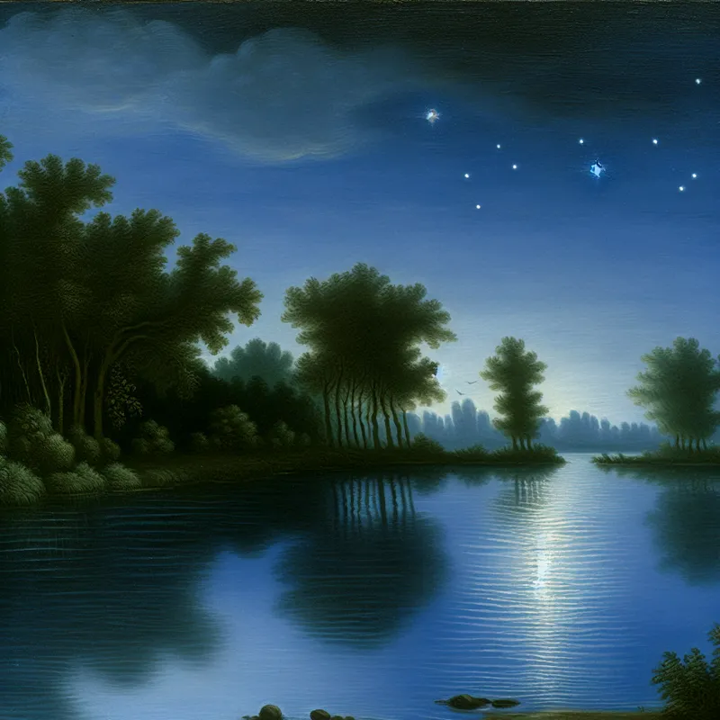 Nachtelijk landschap met kalm water dat een sterrenhemel reflecteert, omringd door weelderige bomen en een vredige sfeer.