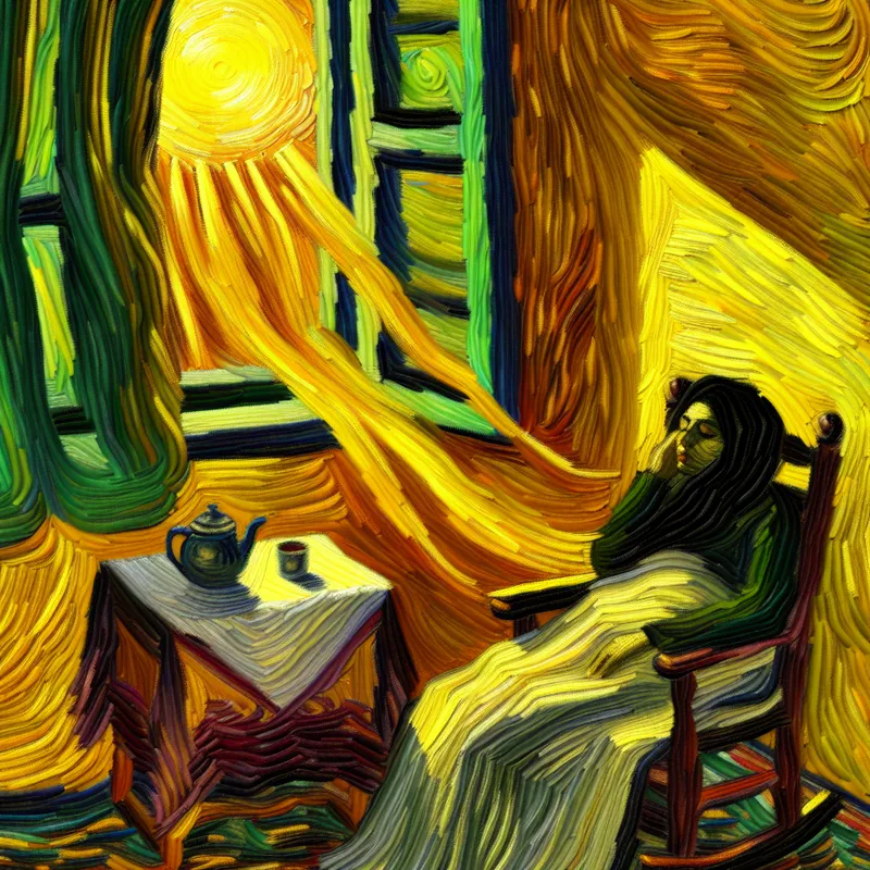 Een persoon die vredig slaapt in een schommelstoel bij een raam, met zonlicht dat door de gordijnen valt.