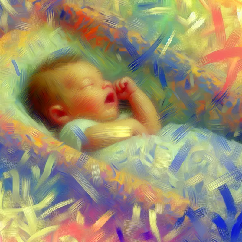 Abstract expressionistisch schilderij van een pasgeboren baby die vredig slaapt in een wieg, kleurrijke en chaotische achtergrond.