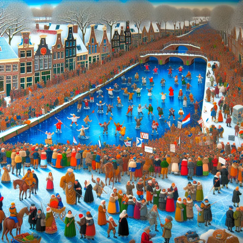 Grote groep diverse mensen protesteert vreedzaam op een bevroren gracht in een historische Nederlandse winterse setting, met spandoeken voor klimaatactie en sociale verandering