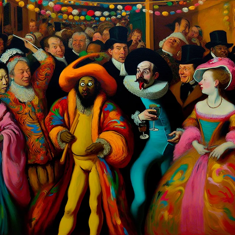 Een groep mensen op een feestje met een persoon in een kleurrijk, overdreven kostuum en anderen in traditionele kleding, met uitdrukkingen van verwarring en amusement.