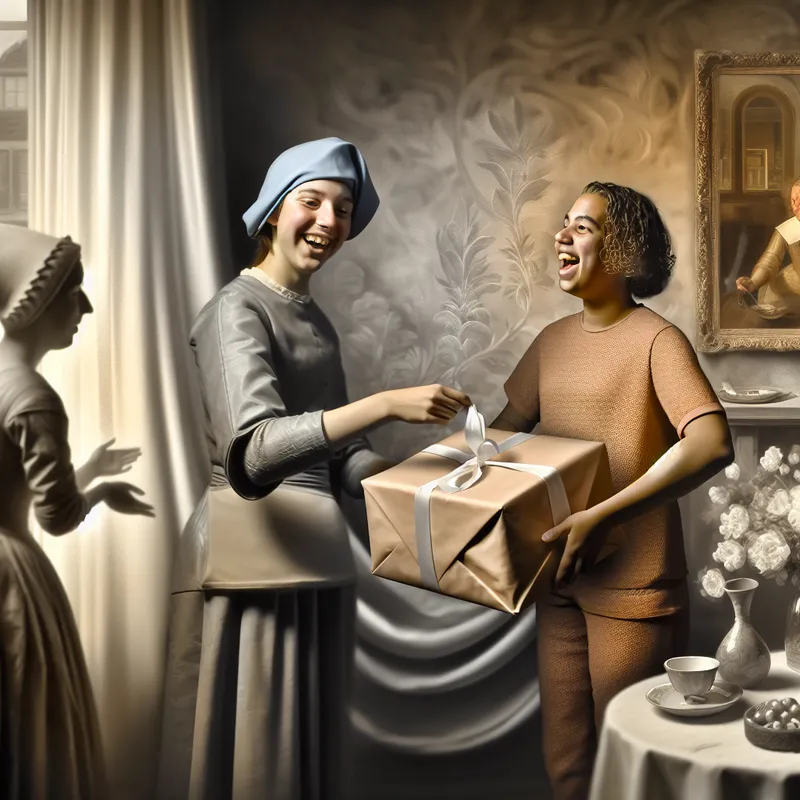 Een vriend presenteert een prachtig ingepakt boek aan een andere persoon in een sfeervolle kamer.