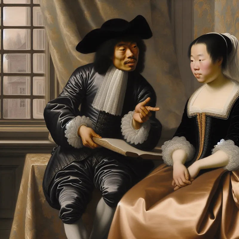 Een vriend in elegante 17e-eeuwse kleding geeft advies aan een andere persoon met een open boek in zijn hand.