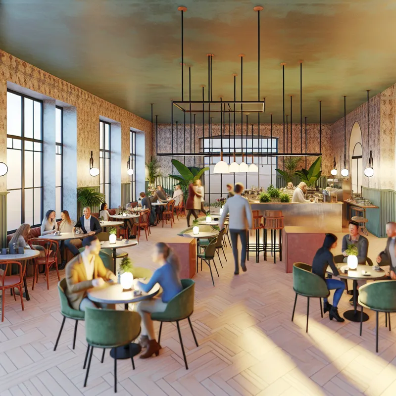 Quaint café met warme verlichting, mensen glimlachend en pratend