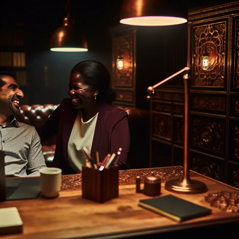 Een gezellige kantoorsetting waar een persoon in een vriendelijke conversatie is met een collega, met lachende gezichten en warme lichaamstaal.