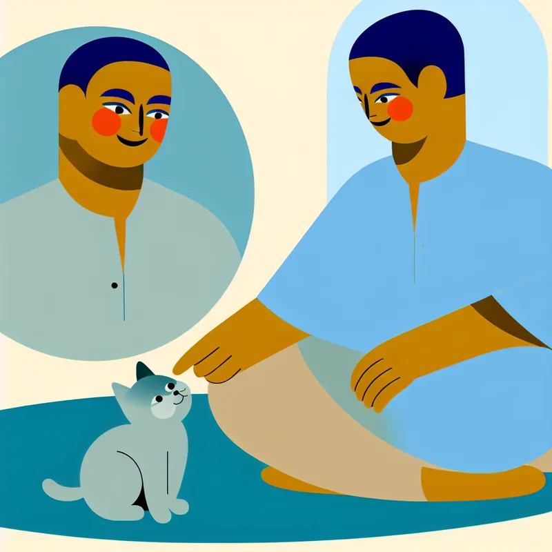 Minimalistische illustratie van een vriendelijke man die zachtjes een pluizig katje aait, symboliserend vriendelijkheid en voorzichtigheid