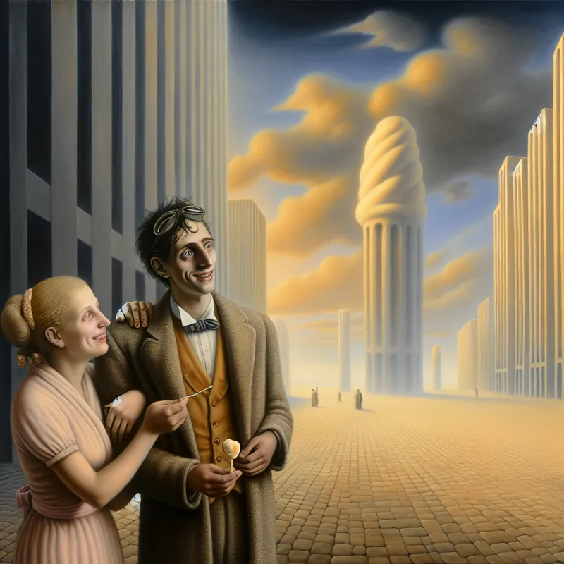 Twee mensen delen een warm moment in een surrealistische stadsscène, waarbij de een geruststellend een hand op de schouder van de ander legt en een ijsje vasthoudt als symbool van vriendelijke overreding