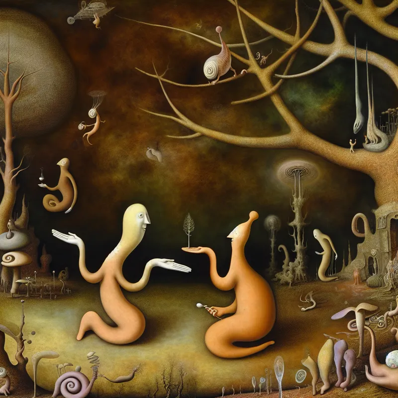 Surrealistisch tafereel in de stijl van Jheronimus Bosch met twee langgerekte figuren die een vriendelijk voorstel doen in een droomachtig landschap vol symbolische details