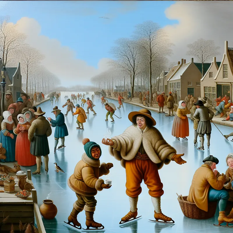 Vriendelijke wintertafereel met twee mensen bij een bevroren kanaal, waarbij de ene persoon een dampende kop warme chocolademelk of glühwein aanbiedt als vriendelijk voorstel