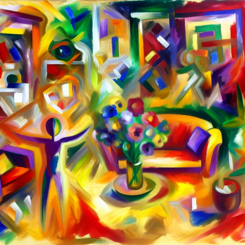 Abstracte expressieve schildering van een warm welkom in een levendige woonkamer met een verwelkomend figuur