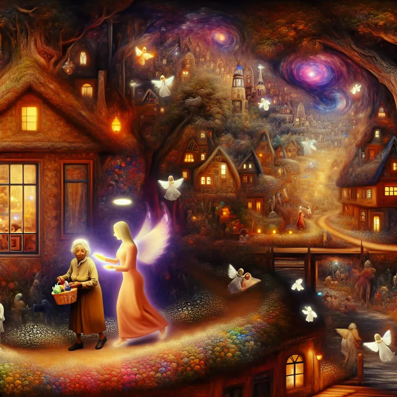 Surrealistisch tafereel van een vriendelijke buurman met een zachte gloed die een oudere persoon helpt met boodschappen dragen, omringd door symbolische details en engelachtige wezens in een droomachtige wijk