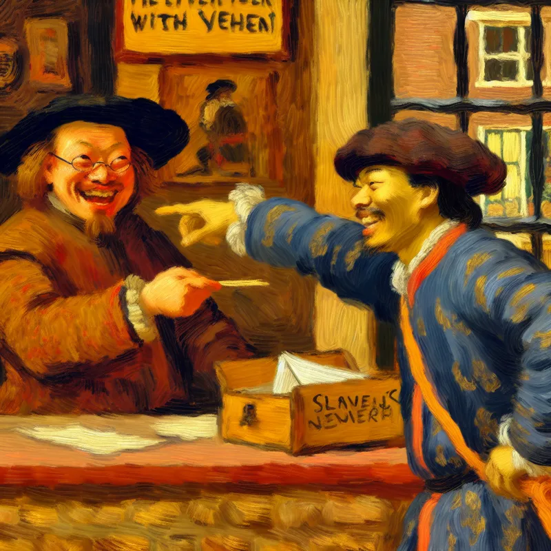 Twee vrolijke mensen in 17e-eeuwse Nederlandse setting, waarbij de een een brief overhandigt aan de ander, die als 'slaafje' of helper een kleine klus doet