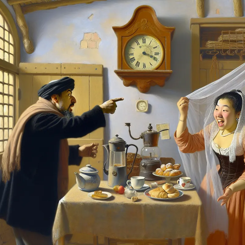 Een levendig tafereel van een vriendelijke conversatie tussen twee mensen in een gezellig café, waarbij de ene persoon enthousiast op een wandklok wijst.