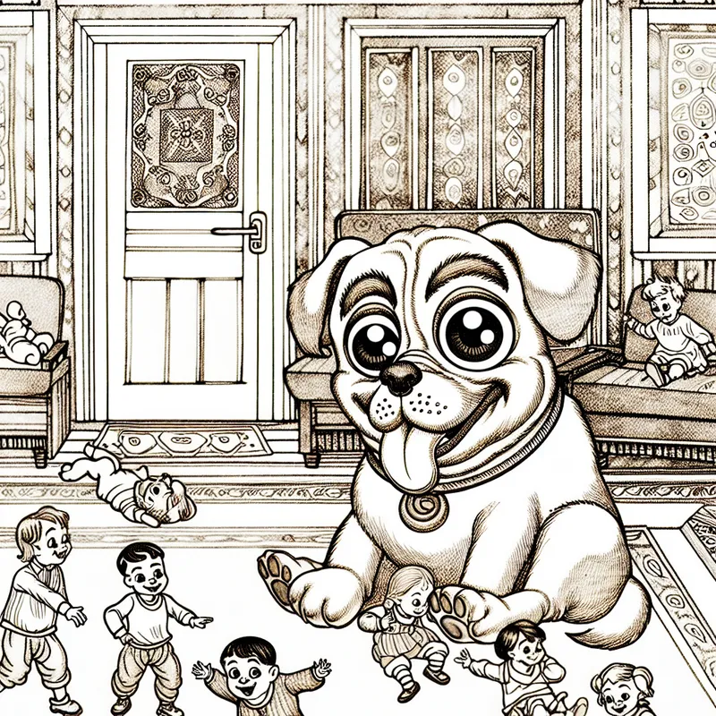 Cartoonachtige illustratie van een vriendelijke hond met grote, expressieve ogen die in een gezellige woonkamer zit, omringd door kinderen.