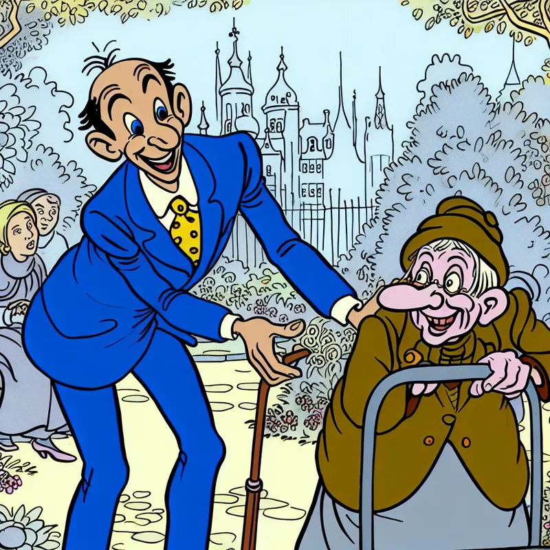 Een vriendelijke cartoonfiguur biedt hulp aan een oudere persoon met zware bagage in een zonnig park.