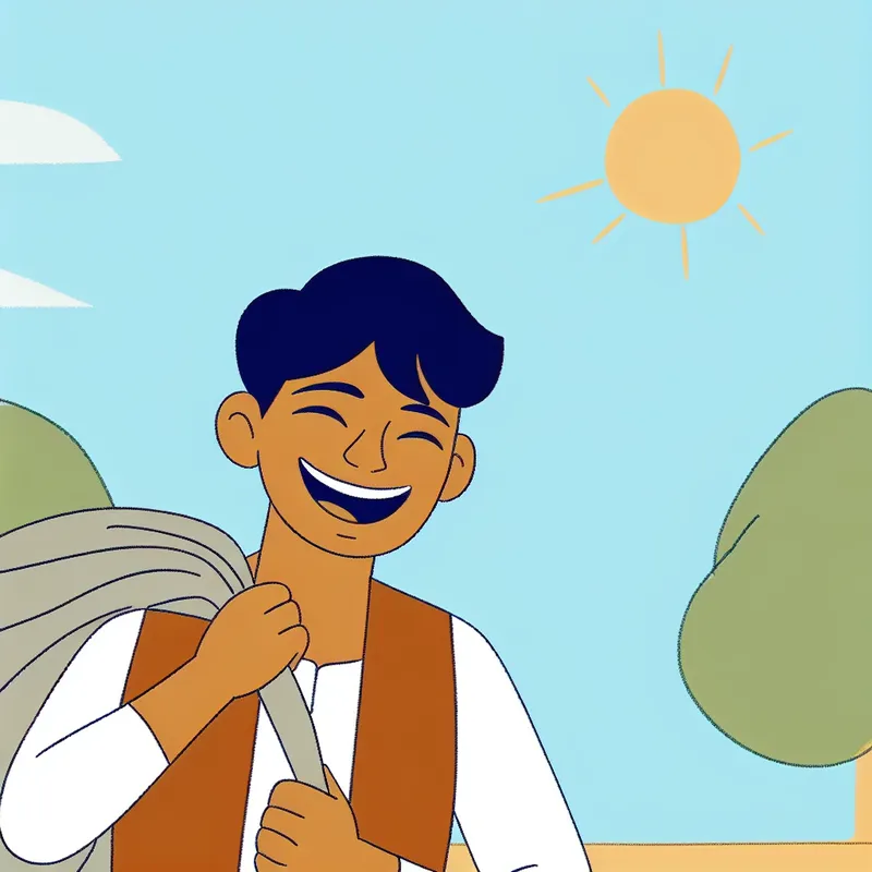 Een jonge persoon draagt een grote tas boodschappen en glimlacht in een zonnige, minimalistische buitenomgeving met bomen en een blauwe lucht.