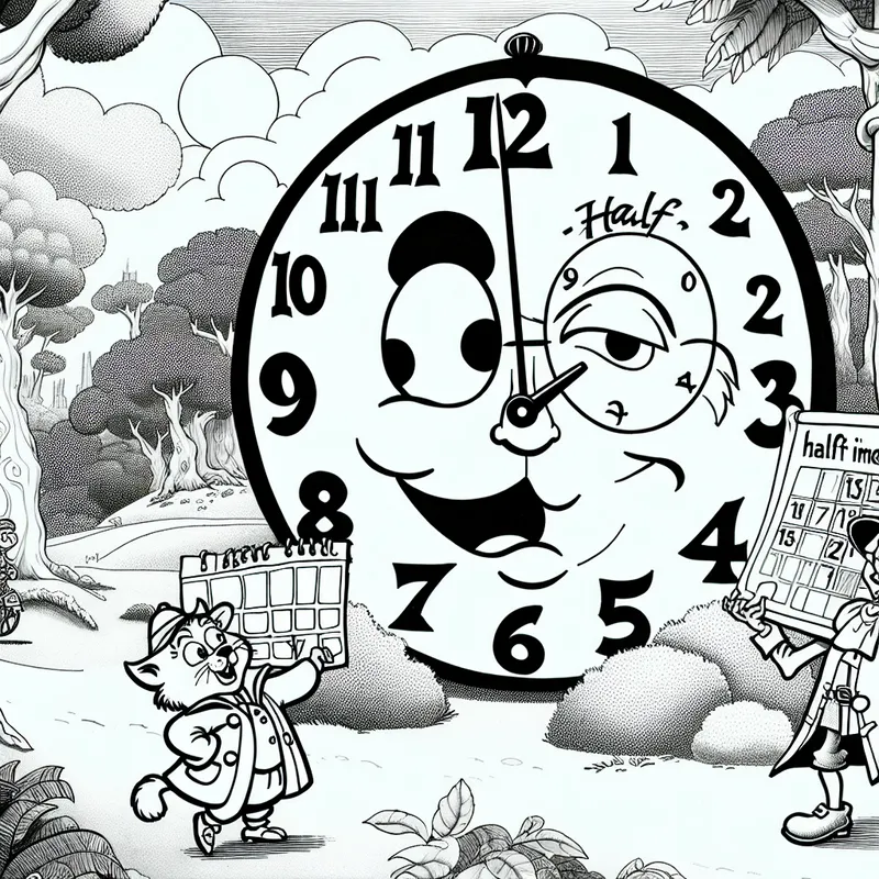 Een grote, vriendelijke klok met expressieve ogen die 3:30 aangeeft, met een verwarde kat die naar de klok wijst.