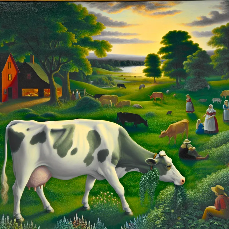 Een vriendelijke melkkoe die rustig graast in een groene wei, met een boerderij op de achtergrond.