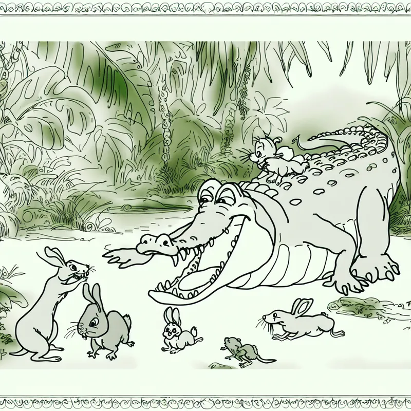 Vrolijke illustratie van een vriendelijke krokodil die speelt met schattige kleine dieren in een kleurrijke jungle