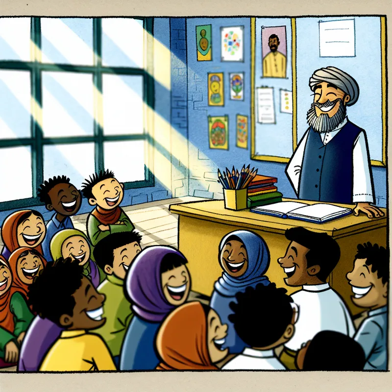 Een blije leraar in een klaslokaal, omringd door diverse, lachende studenten die vriendelijk met elkaar converseren.