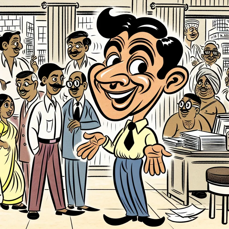 Vriendelijke man in een cartoonkantoor omgeven door drukke collega's