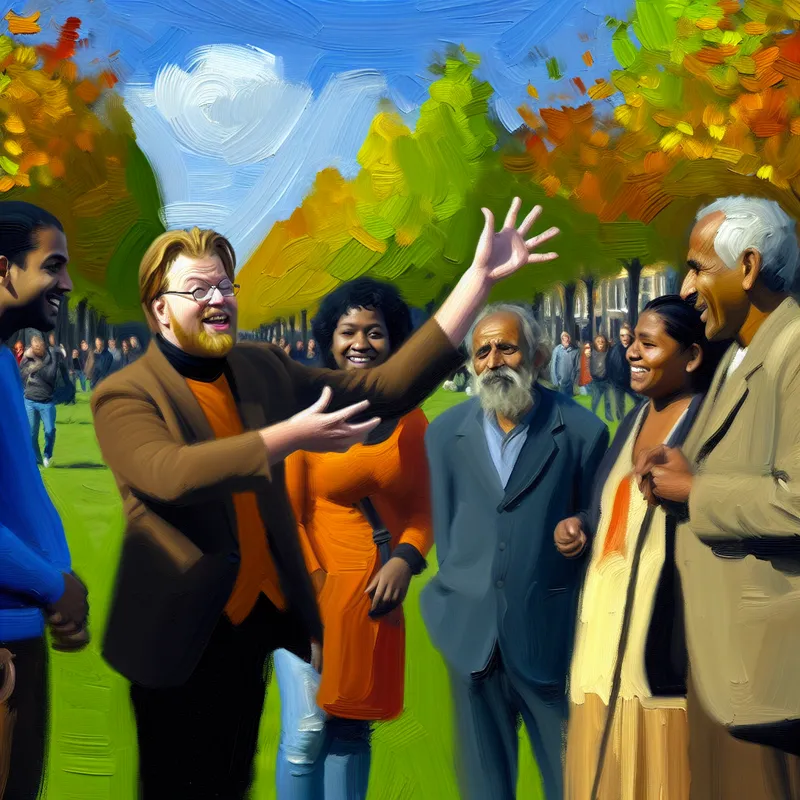 Een levendige scène van een vriendelijke man die met een diverse groep mensen in een park communiceert, met expressieve handgebaren.