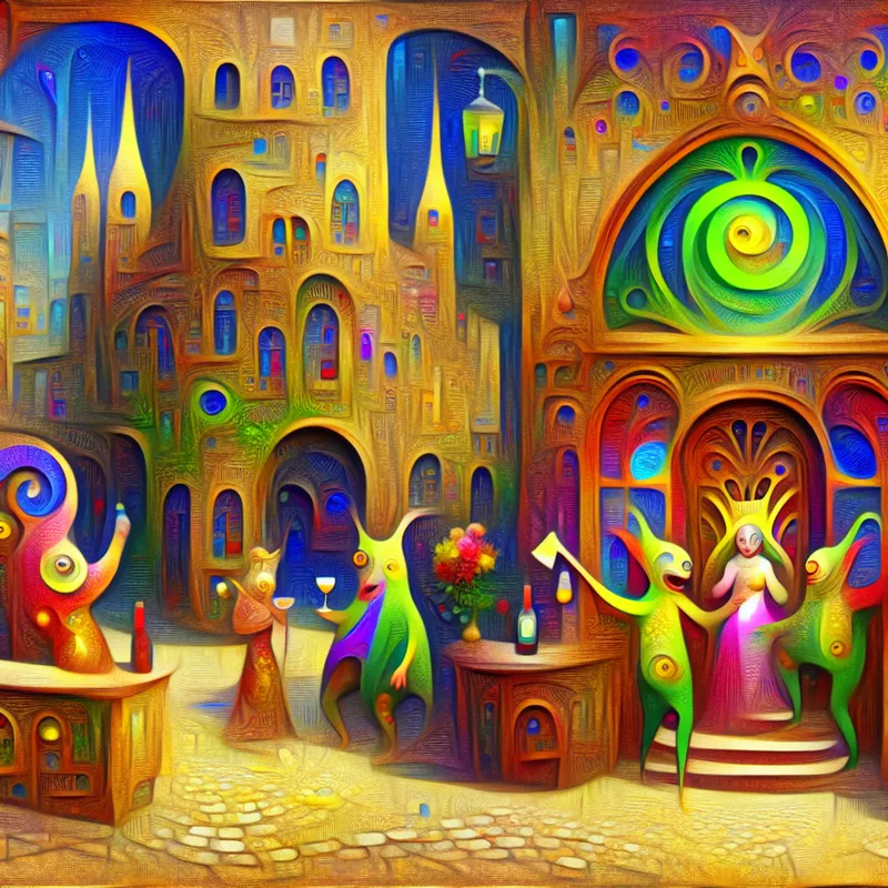 Surrealistische afbeelding van een hotelentree met een vriendelijke onthaalruimte vol kleurrijke fantasiewezen.