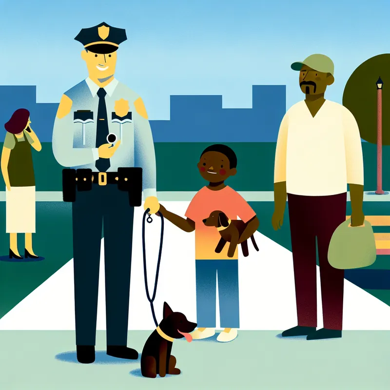 Minimalistische illustratie van een vriendelijke politieagent in uniform omringd door een diverse groep mensen, waaronder een kind met de lijn van een verloren hond en een opgeluchte ouder, in een park met een blauwe lucht.